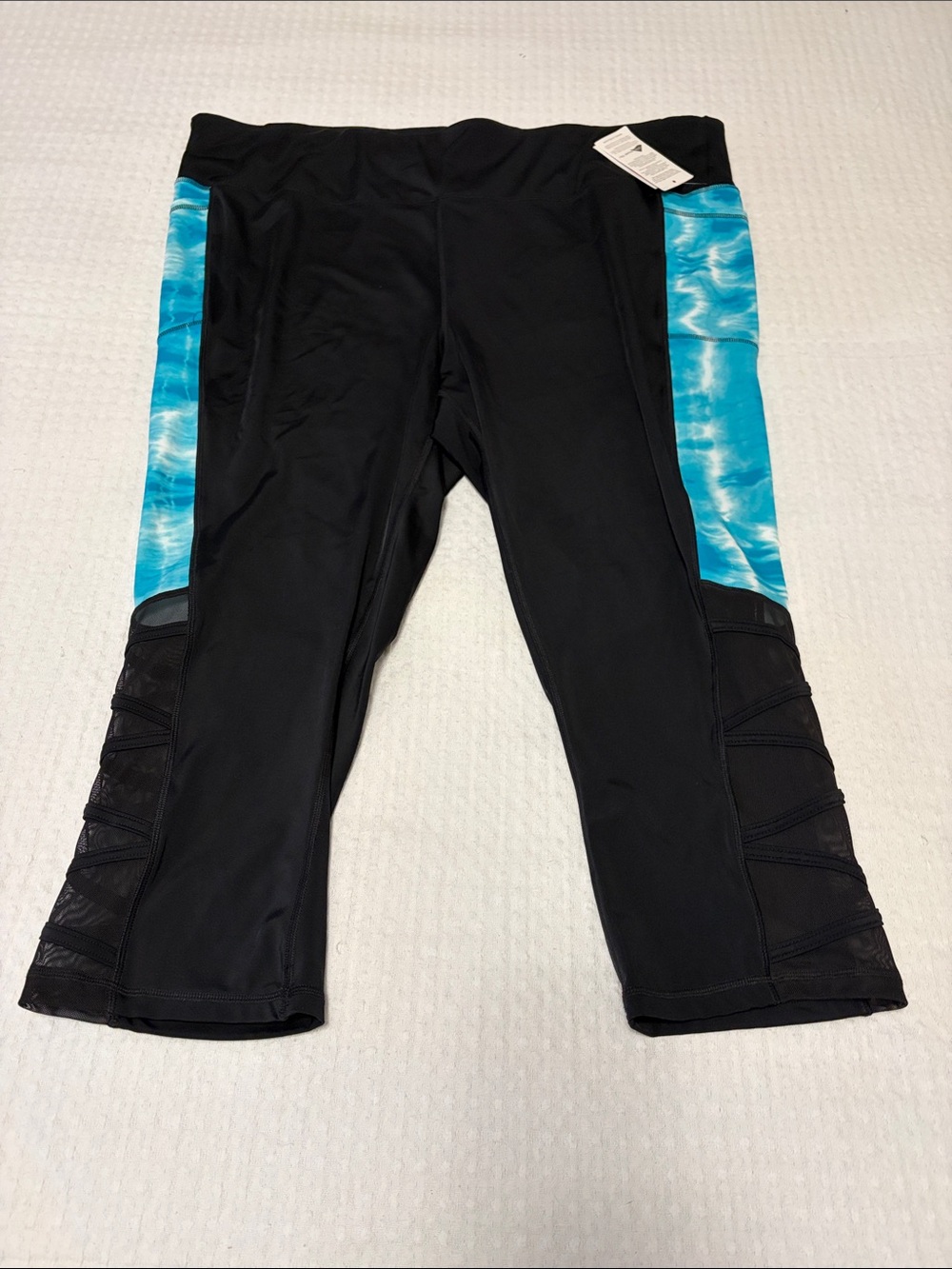Swim by Cacique Womens Black Capri Leggings, Blue Tie-Dye Side Panels Size 22/24